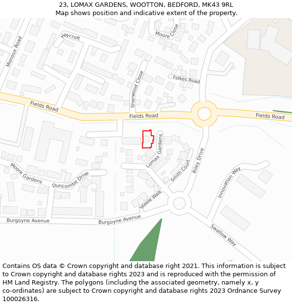 23, LOMAX GARDENS, WOOTTON, BEDFORD, MK43 9RL: Location map and indicative extent of plot