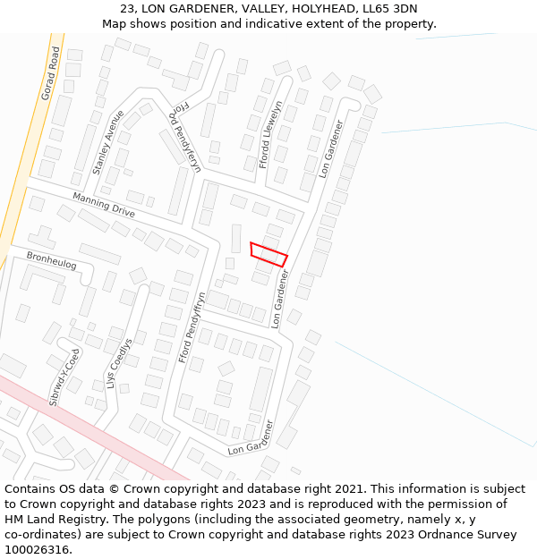 23, LON GARDENER, VALLEY, HOLYHEAD, LL65 3DN: Location map and indicative extent of plot