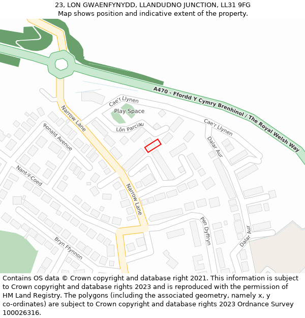 23, LON GWAENFYNYDD, LLANDUDNO JUNCTION, LL31 9FG: Location map and indicative extent of plot