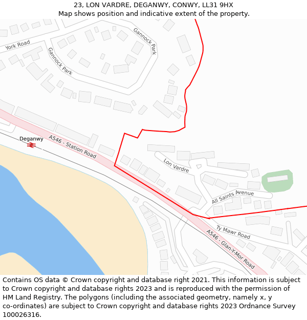 23, LON VARDRE, DEGANWY, CONWY, LL31 9HX: Location map and indicative extent of plot