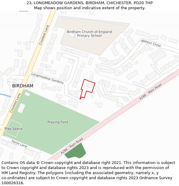 23, LONGMEADOW GARDENS, BIRDHAM, CHICHESTER, PO20 7HP: Location map and indicative extent of plot