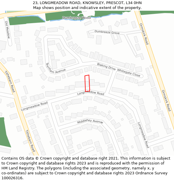 23, LONGMEADOW ROAD, KNOWSLEY, PRESCOT, L34 0HN: Location map and indicative extent of plot