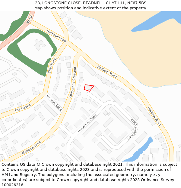 23, LONGSTONE CLOSE, BEADNELL, CHATHILL, NE67 5BS: Location map and indicative extent of plot