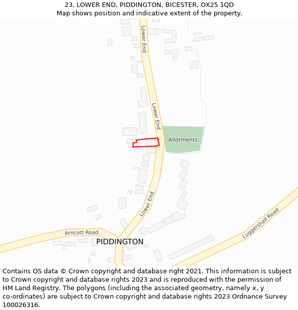 23, LOWER END, PIDDINGTON, BICESTER, OX25 1QD: Location map and indicative extent of plot