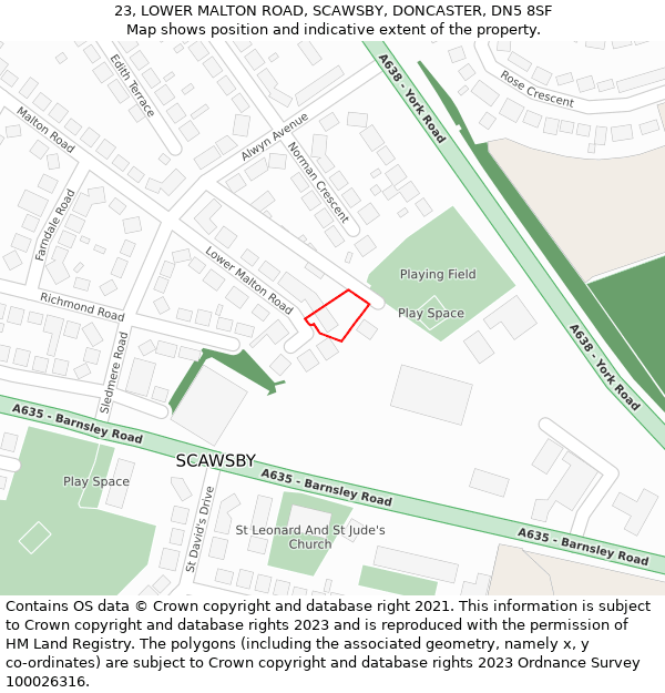 23, LOWER MALTON ROAD, SCAWSBY, DONCASTER, DN5 8SF: Location map and indicative extent of plot