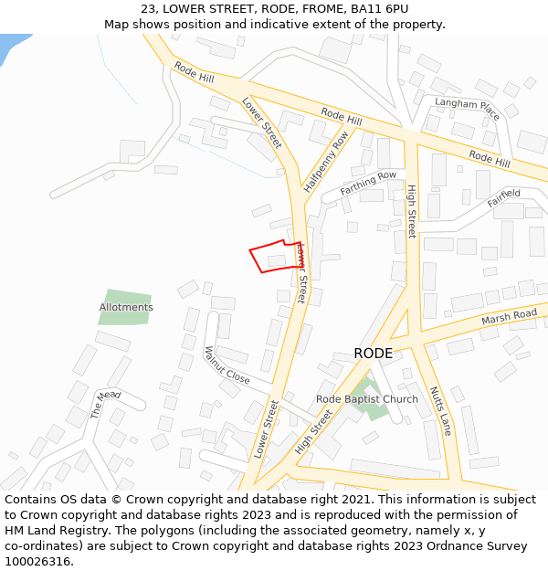 23, LOWER STREET, RODE, FROME, BA11 6PU: Location map and indicative extent of plot