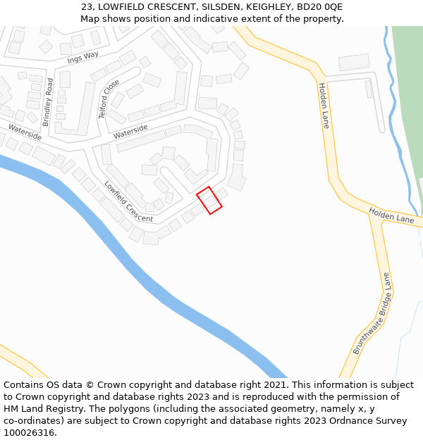 23, LOWFIELD CRESCENT, SILSDEN, KEIGHLEY, BD20 0QE: Location map and indicative extent of plot