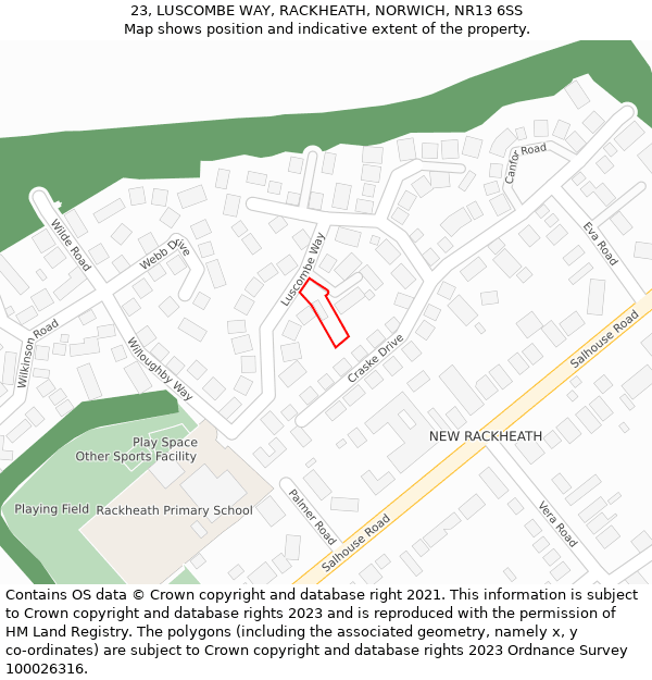 23, LUSCOMBE WAY, RACKHEATH, NORWICH, NR13 6SS: Location map and indicative extent of plot