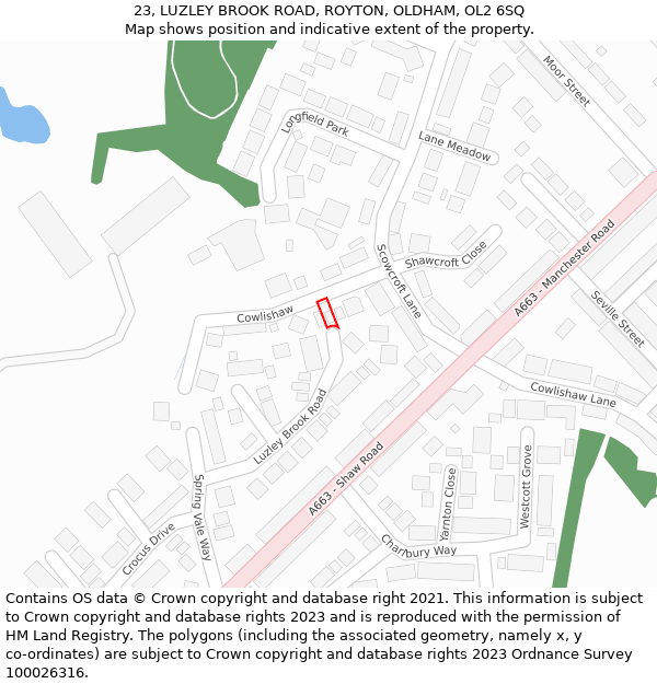 23, LUZLEY BROOK ROAD, ROYTON, OLDHAM, OL2 6SQ: Location map and indicative extent of plot