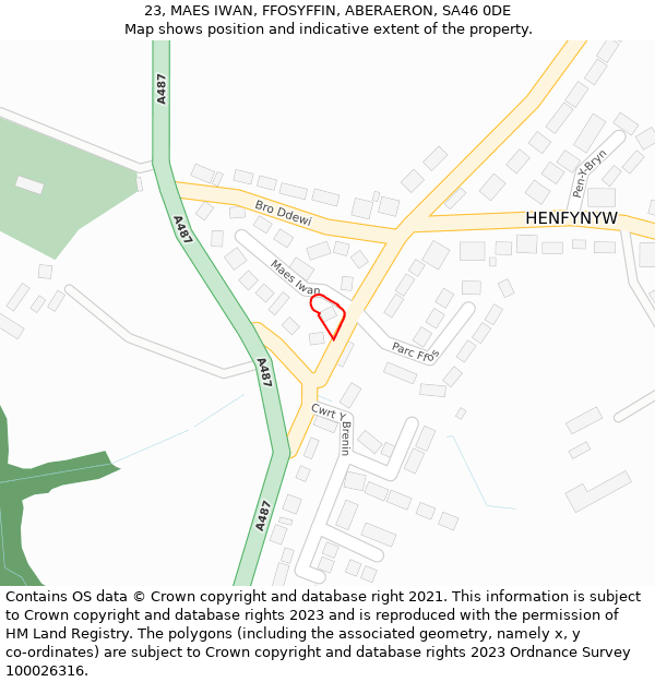 23, MAES IWAN, FFOSYFFIN, ABERAERON, SA46 0DE: Location map and indicative extent of plot
