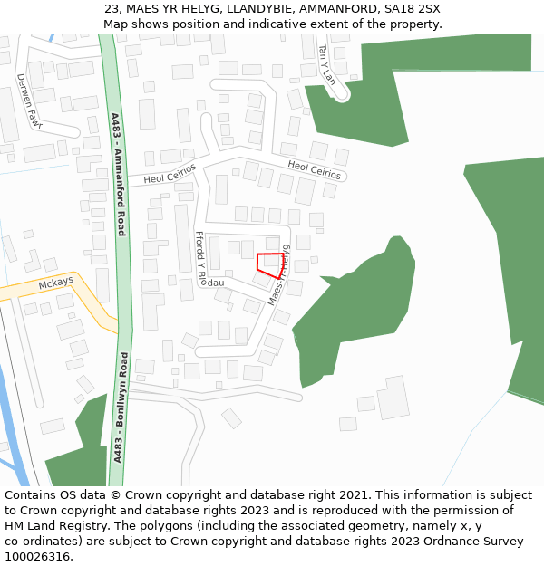 23, MAES YR HELYG, LLANDYBIE, AMMANFORD, SA18 2SX: Location map and indicative extent of plot