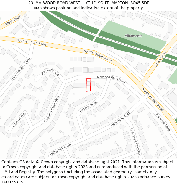 23, MALWOOD ROAD WEST, HYTHE, SOUTHAMPTON, SO45 5DF: Location map and indicative extent of plot