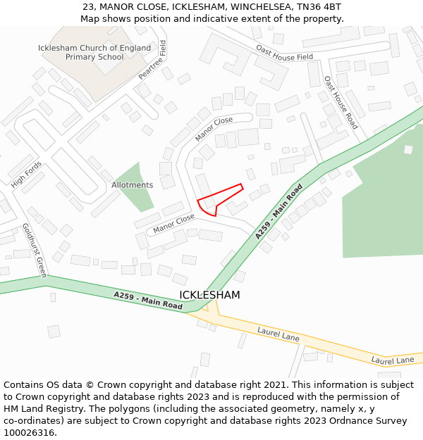 23, MANOR CLOSE, ICKLESHAM, WINCHELSEA, TN36 4BT: Location map and indicative extent of plot