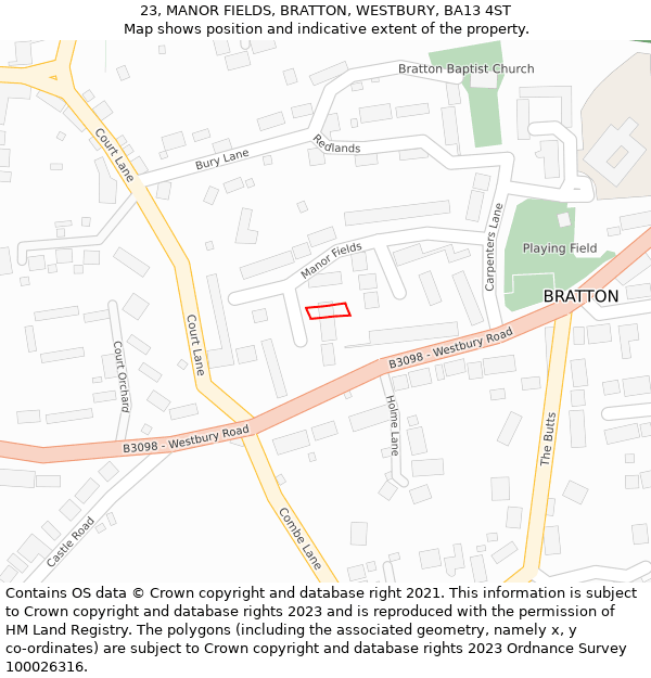 23, MANOR FIELDS, BRATTON, WESTBURY, BA13 4ST: Location map and indicative extent of plot