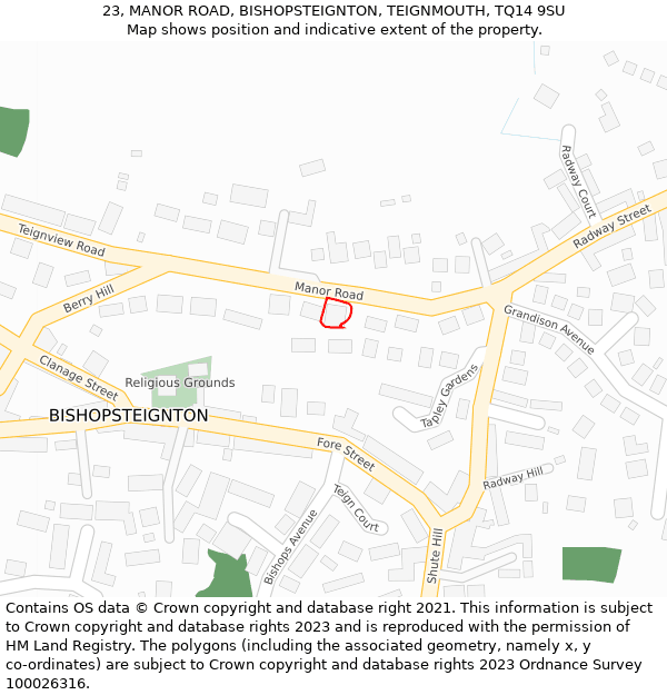 23, MANOR ROAD, BISHOPSTEIGNTON, TEIGNMOUTH, TQ14 9SU: Location map and indicative extent of plot