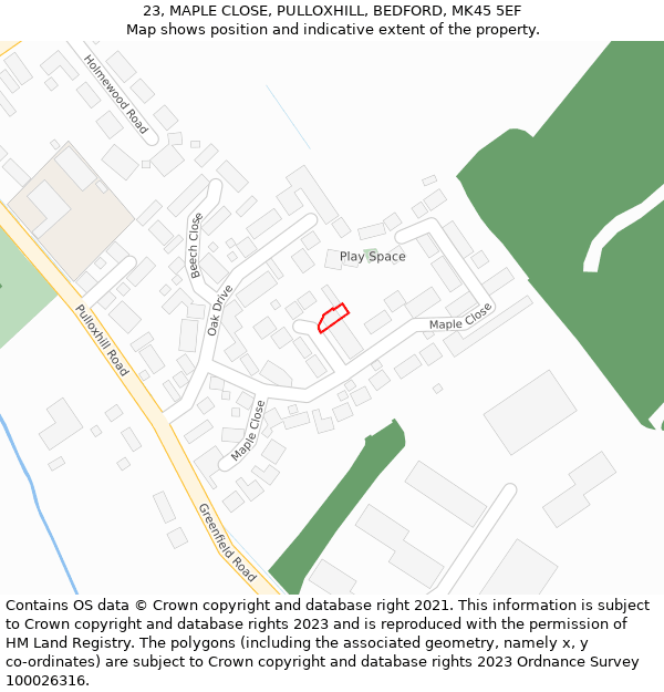 23, MAPLE CLOSE, PULLOXHILL, BEDFORD, MK45 5EF: Location map and indicative extent of plot