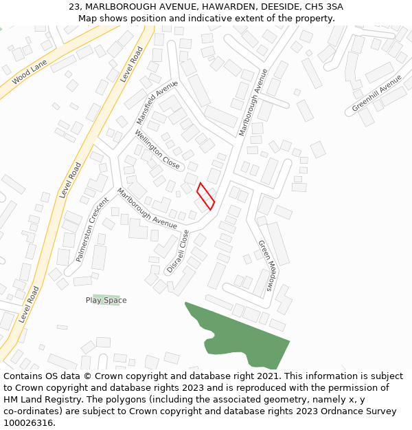 23, MARLBOROUGH AVENUE, HAWARDEN, DEESIDE, CH5 3SA: Location map and indicative extent of plot