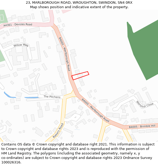 23, MARLBOROUGH ROAD, WROUGHTON, SWINDON, SN4 0RX: Location map and indicative extent of plot