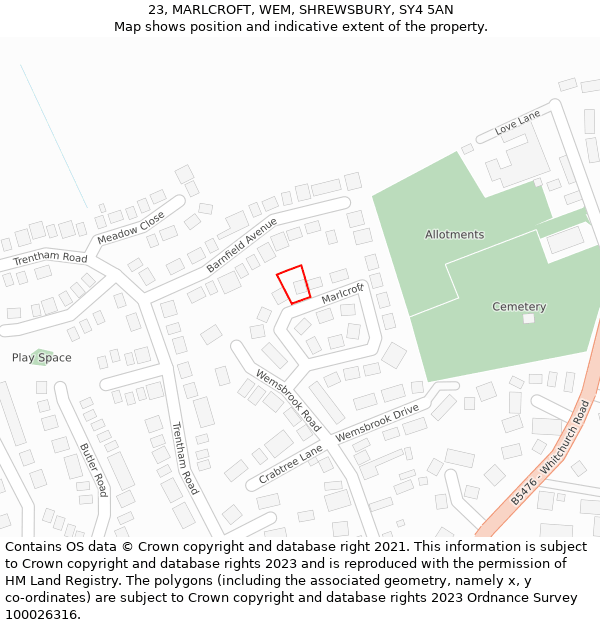 23, MARLCROFT, WEM, SHREWSBURY, SY4 5AN: Location map and indicative extent of plot