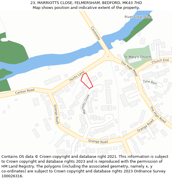 23, MARRIOTTS CLOSE, FELMERSHAM, BEDFORD, MK43 7HD: Location map and indicative extent of plot