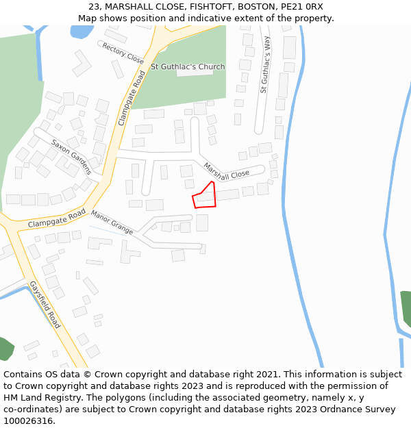 23, MARSHALL CLOSE, FISHTOFT, BOSTON, PE21 0RX: Location map and indicative extent of plot