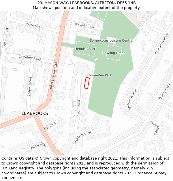 23, MASON WAY, LEABROOKS, ALFRETON, DE55 1NB: Location map and indicative extent of plot