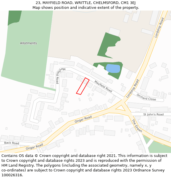 23, MAYFIELD ROAD, WRITTLE, CHELMSFORD, CM1 3EJ: Location map and indicative extent of plot