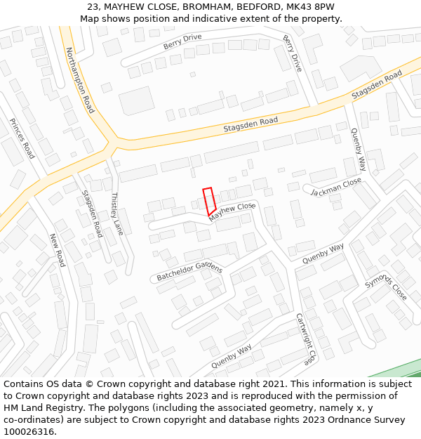 23, MAYHEW CLOSE, BROMHAM, BEDFORD, MK43 8PW: Location map and indicative extent of plot