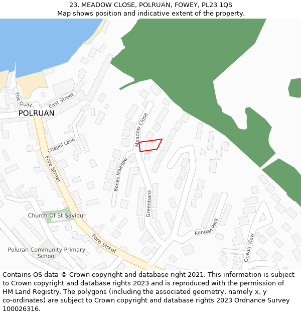 23, MEADOW CLOSE, POLRUAN, FOWEY, PL23 1QS: Location map and indicative extent of plot