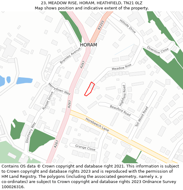 23, MEADOW RISE, HORAM, HEATHFIELD, TN21 0LZ: Location map and indicative extent of plot