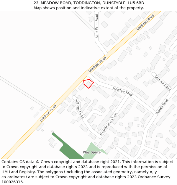 23, MEADOW ROAD, TODDINGTON, DUNSTABLE, LU5 6BB: Location map and indicative extent of plot