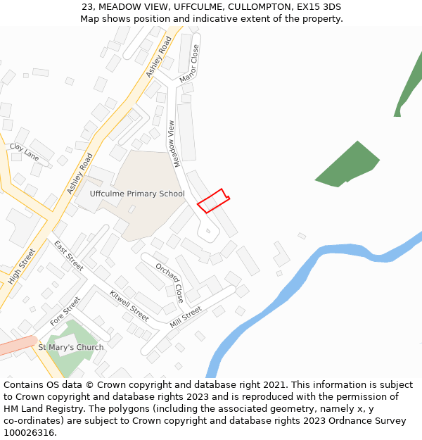 23, MEADOW VIEW, UFFCULME, CULLOMPTON, EX15 3DS: Location map and indicative extent of plot