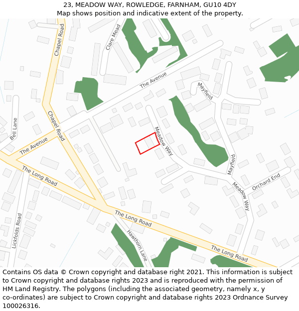 23, MEADOW WAY, ROWLEDGE, FARNHAM, GU10 4DY: Location map and indicative extent of plot