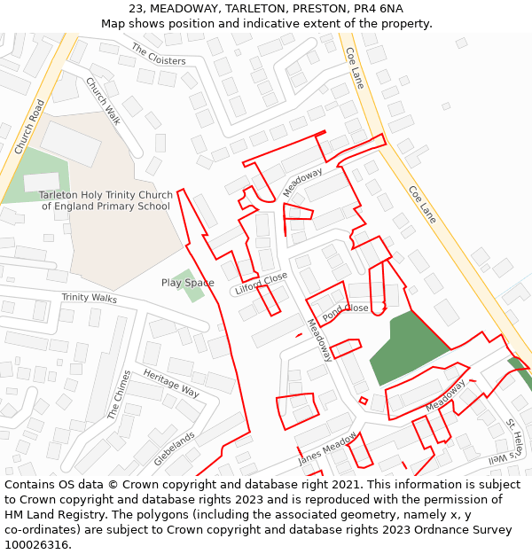 23, MEADOWAY, TARLETON, PRESTON, PR4 6NA: Location map and indicative extent of plot