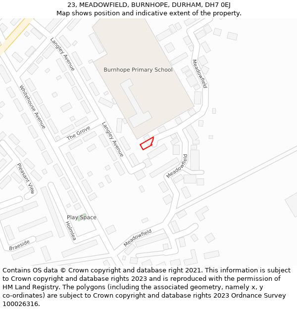 23, MEADOWFIELD, BURNHOPE, DURHAM, DH7 0EJ: Location map and indicative extent of plot