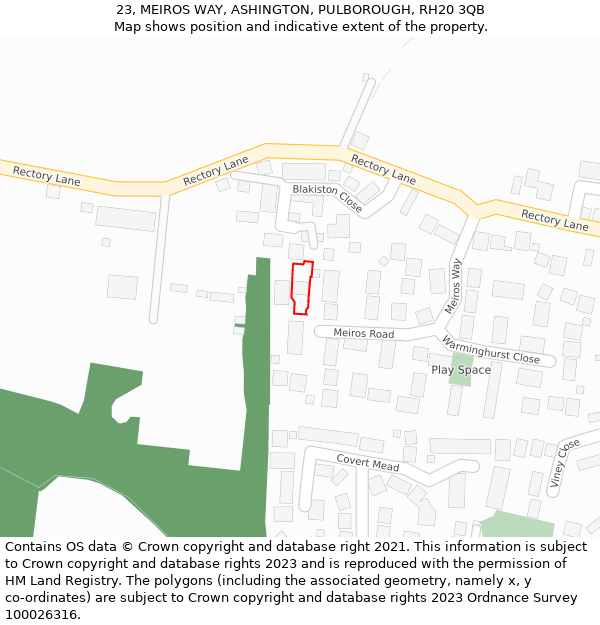 23, MEIROS WAY, ASHINGTON, PULBOROUGH, RH20 3QB: Location map and indicative extent of plot