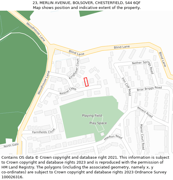 23, MERLIN AVENUE, BOLSOVER, CHESTERFIELD, S44 6QF: Location map and indicative extent of plot