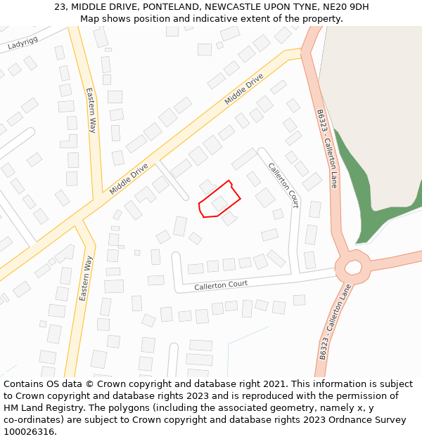 23, MIDDLE DRIVE, PONTELAND, NEWCASTLE UPON TYNE, NE20 9DH: Location map and indicative extent of plot