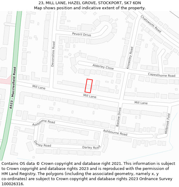 23, MILL LANE, HAZEL GROVE, STOCKPORT, SK7 6DN: Location map and indicative extent of plot