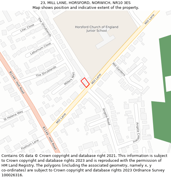 23, MILL LANE, HORSFORD, NORWICH, NR10 3ES: Location map and indicative extent of plot