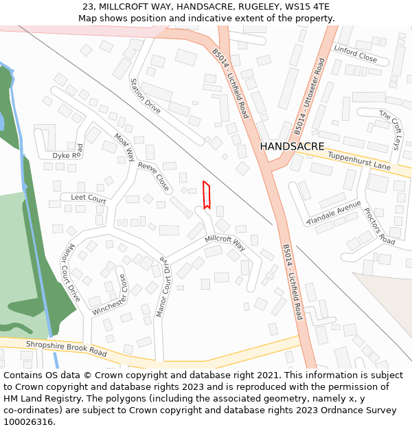 23, MILLCROFT WAY, HANDSACRE, RUGELEY, WS15 4TE: Location map and indicative extent of plot