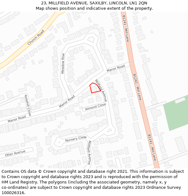 23, MILLFIELD AVENUE, SAXILBY, LINCOLN, LN1 2QN: Location map and indicative extent of plot