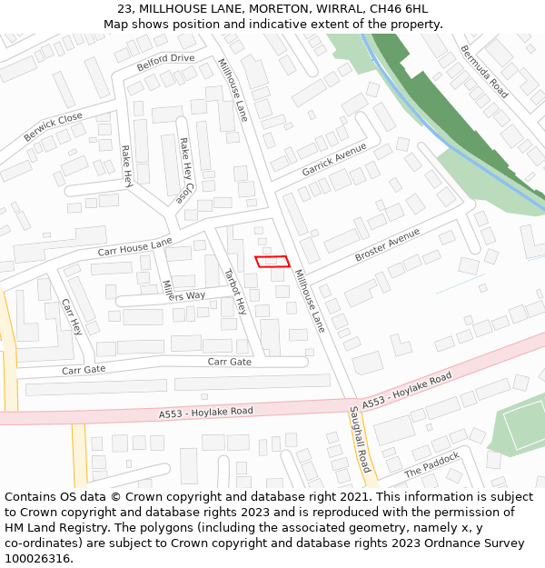 23, MILLHOUSE LANE, MORETON, WIRRAL, CH46 6HL: Location map and indicative extent of plot