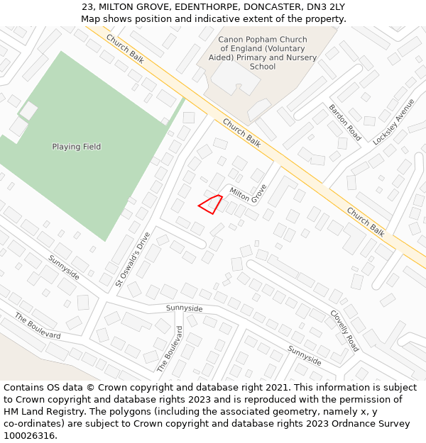 23, MILTON GROVE, EDENTHORPE, DONCASTER, DN3 2LY: Location map and indicative extent of plot