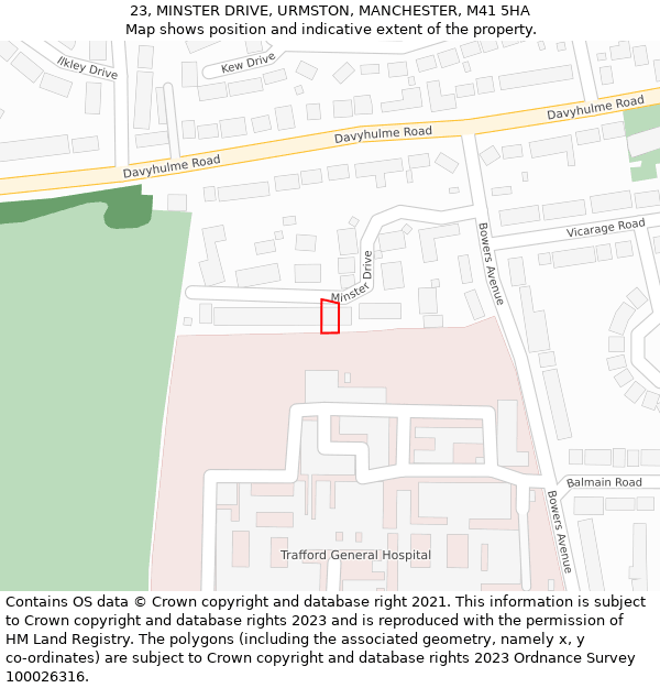 23, MINSTER DRIVE, URMSTON, MANCHESTER, M41 5HA: Location map and indicative extent of plot