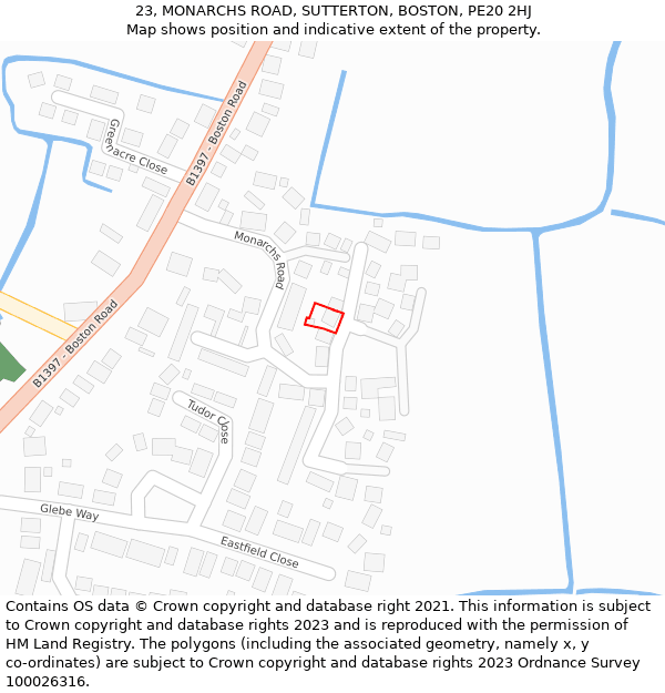 23, MONARCHS ROAD, SUTTERTON, BOSTON, PE20 2HJ: Location map and indicative extent of plot