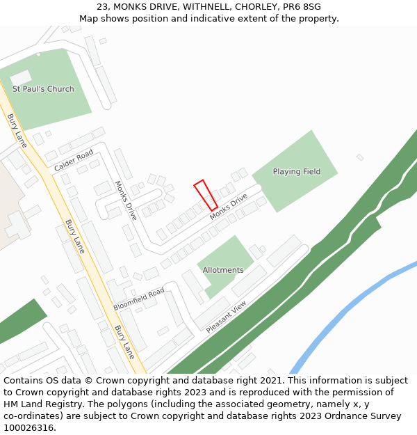 23, MONKS DRIVE, WITHNELL, CHORLEY, PR6 8SG: Location map and indicative extent of plot