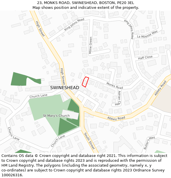 23, MONKS ROAD, SWINESHEAD, BOSTON, PE20 3EL: Location map and indicative extent of plot