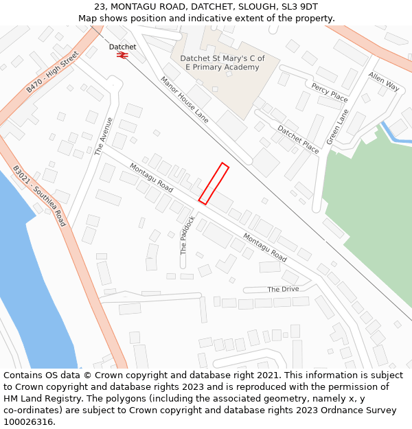 23, MONTAGU ROAD, DATCHET, SLOUGH, SL3 9DT: Location map and indicative extent of plot