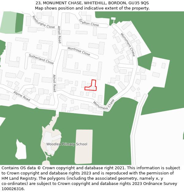 23, MONUMENT CHASE, WHITEHILL, BORDON, GU35 9QS: Location map and indicative extent of plot